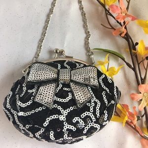 NWOT Sequin Bow Mini Black And White Evening Purse